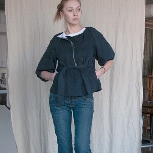 BCBG cotton summer spring jacket elbow sleeve Sash waist Zipper detail buttons